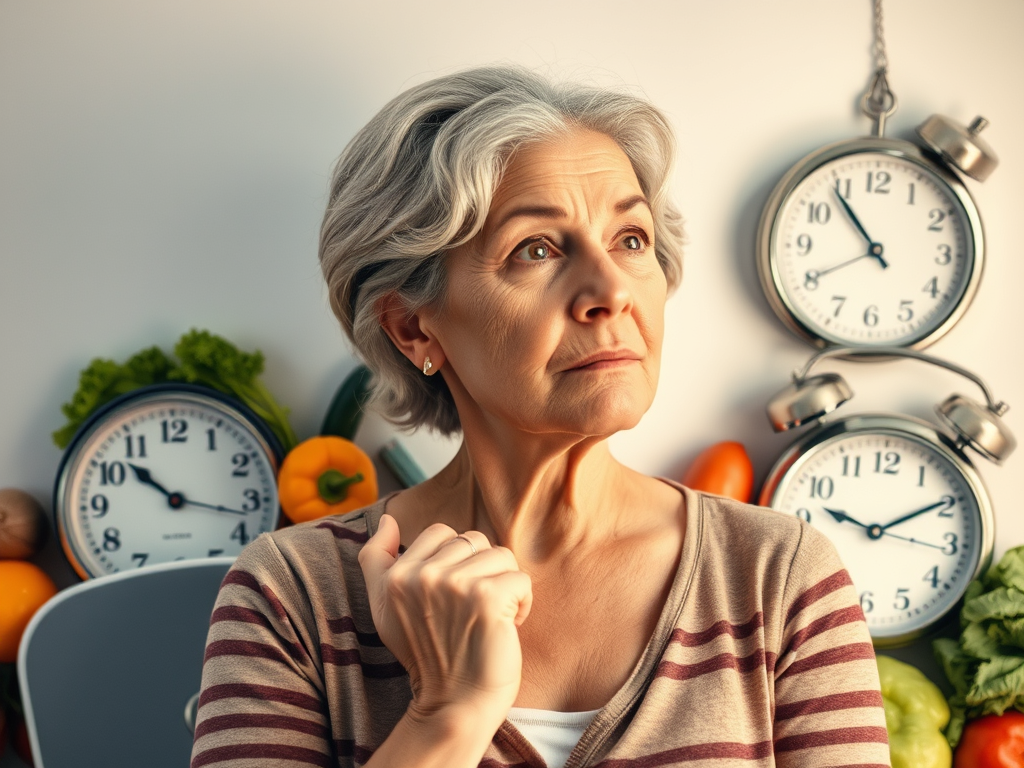 Elderly woman with gray hair looking thoughtful, surrounded by clocks and fresh vegetables, symbolizing time and nutrition