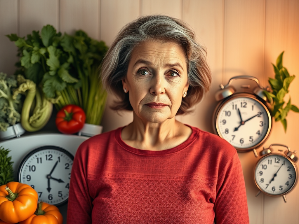 Elderly woman in a red sweater standing in front of clocks and fresh vegetables, symbolizing time and healthy eating