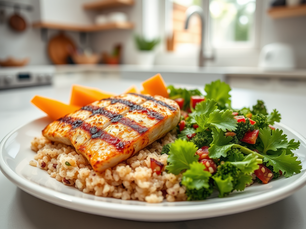 Grilled fish fillet served over quinoa with fresh kale salad and sliced vegetables, plated in a bright kitchen.