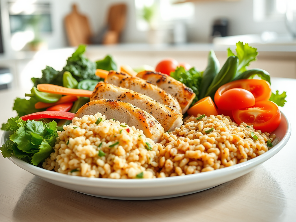 Plate of sliced grilled chicken served with whole grains, fresh vegetables, and leafy greens in a bright kitchen setting
