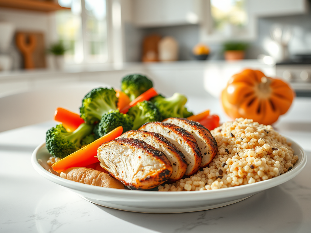 Healthy meal with sliced grilled chicken, quinoa, and steamed vegetables, served on a white plate in a bright kitchen
