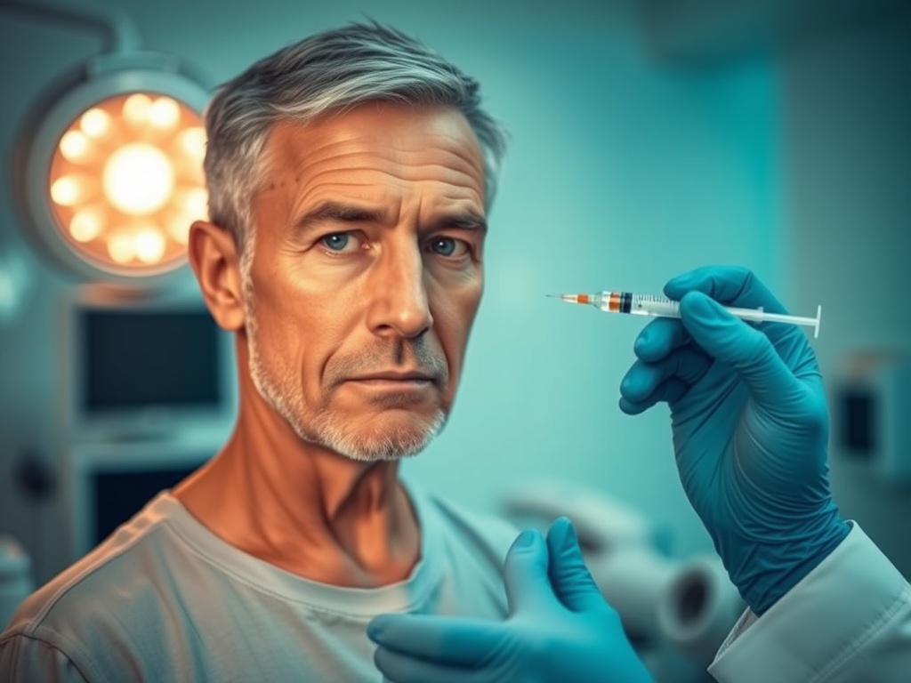 An older man with gray hair and a serious expression sitting in a medical setting while a healthcare professional wearing blue gloves prepares to administer an injection.